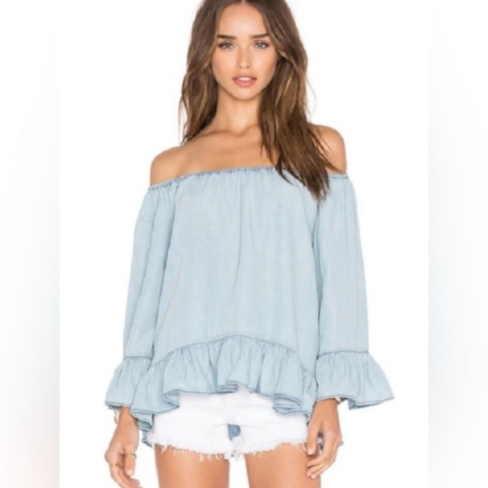 Sanctuary Off-Shoulder Ruffle Blouse S Chambray Peasant Fairy Cottage Romantic